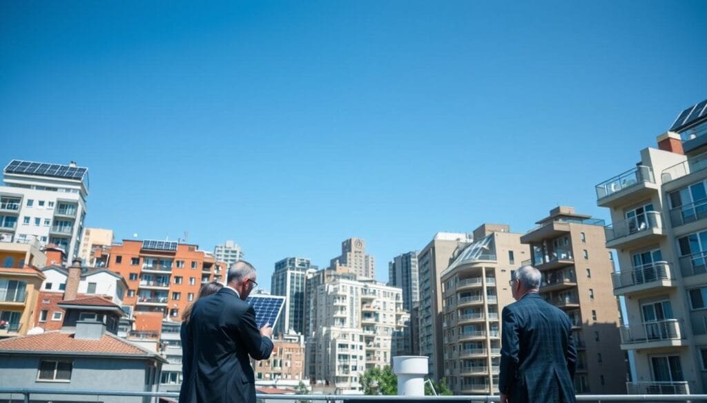A bustling urban landscape showcasing a variety of solar photovoltaic systems integrated into rooftops, balconies, and building facades. In the foreground, a group of professionals in business attire examines solar panel models and discusses mounting solutions. The middle ground features a diverse array of residential and commercial buildings, some with innovative solar installations, while others depict shadows highlighting the challenges of limited space and city planning. In the background, a clear blue sky contrasts with the energy-efficient designs, symbolizing opportunities for urban solar expansion. The lighting is bright and natural, creating an optimistic atmosphere, while a low angle captures the height and density of the city, emphasizing the need for creative solar solutions in urban environments.