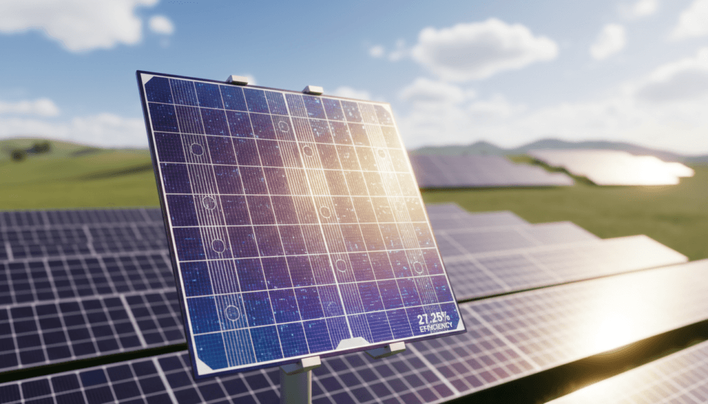 A close-up of a high-efficiency back-contact solar cell under bright, natural sunlight, showcasing intricate details of its surface structure and reflective properties. In the foreground, emphasize the textured patterns on the solar cell, highlighting its advanced materials. The middle ground features a blurred array of similar solar cells, subtly indicating mass production. In the background, a modern solar farm stretches across a sunlit landscape, with blue skies and scattered clouds. Soft, warm lighting enhances the image, creating a hopeful atmosphere of innovation and progress. Capture the scene from a slightly elevated angle to provide depth, emphasizing the cutting-edge technology behind the solar cell’s impressive 27.25% efficiency.