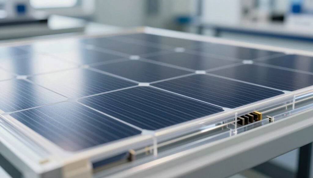 A close-up view of TOPCon solar cells encapsulated in a transparent, high-performance polymer material, showcasing intricate layers and textures. The foreground features the glossy surface of the encapsulant, with sunlight reflecting off its surface, emphasizing clarity and durability. In the middle ground, the solar cells are visibly outlined, highlighting their advanced technology with intricate circuitry and metallic elements. The background should be softly blurred to enhance focus on the encapsulant while displaying a clean, professional laboratory setting with subtle hints of scientific equipment. The lighting should be bright and natural, creating a sense of innovation and reliability. The mood is technical and informative, ideal for illustrating the critical role of encapsulants in TOPCon technology.