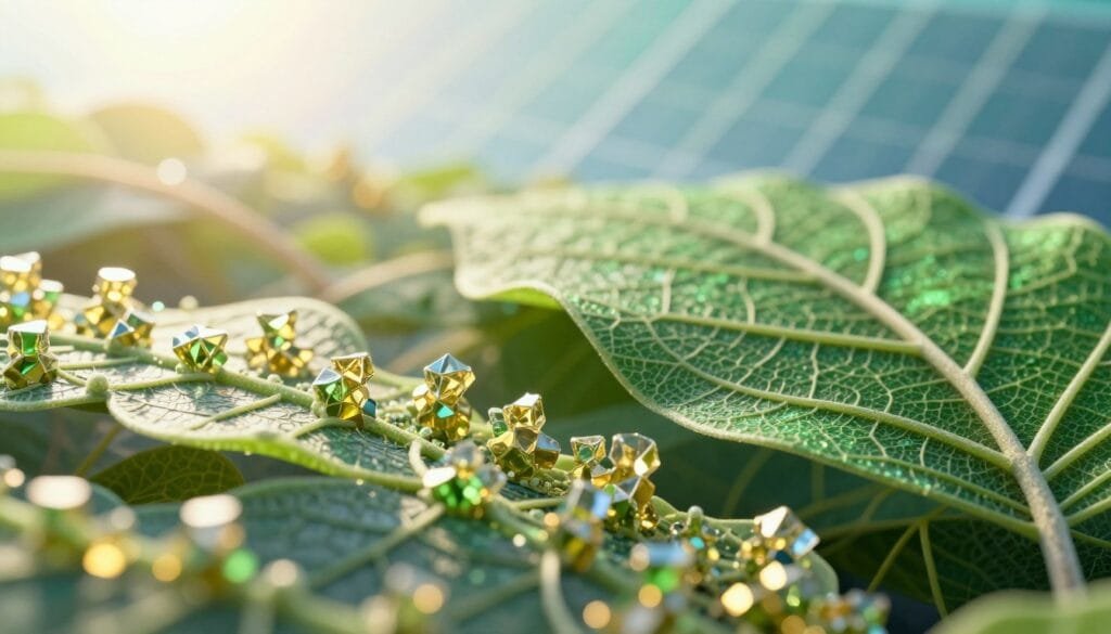 A close-up view of a sophisticated nanostructure designed for light trapping, inspired by the intricate patterns found in leaf structures. In the foreground, delicate, crystalline nanostructures shimmer under focused sunlight, reflecting hues of green and gold, reminiscent of chlorophyll. The middle ground features a dynamic juxtaposition of organic shapes mimicking leaf veins, showcasing their role in maximizing sunlight absorption. In the background, a soft-focus gradient suggests an abstract representation of solar energy waves, emphasizing the concept of energy transformation. Lighting is bright, with strong contrasts to highlight the textures and details of the nanostructures. The atmosphere should feel innovative and inspiring, capturing the essence of bio-inspired technology in renewable energy.