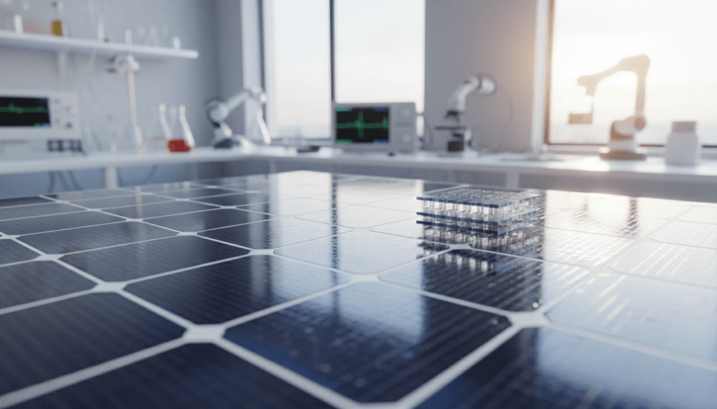 A close-up view of advanced high-resistivity solar cells arranged in a neat grid, showcasing their intricate textures and layers. The foreground highlights the reflective surfaces and the subtle sheen of the cells, capturing the interplay of light reflecting off them. In the middle ground, include a soft-focus backdrop of a modern laboratory setting, emphasizing cutting-edge technology, with sleek equipment and an array of research tools. The background features large windows allowing natural light to illuminate the scene, creating a bright and optimistic atmosphere. Use soft, even lighting to enhance the cells' details and structure, shot with a macro lens to emphasize the precision engineering of these solar cells. The mood conveys innovation and progress in renewable energy technology.