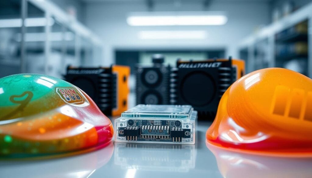 A close-up view of vibrant, high-voltage silicone encapsulants surrounded by precision-engineered 7th Generation IGBT modules. In the foreground, showcase detailed textures of the silicone, highlighting its glossy, smooth surface and vibrant color variations. The middle ground features the sleek design of IGBT modules, showcasing their intricate circuitry and heat sinks. In the background, a subtle laboratory environment with soft, diffused lighting creates a sterile yet innovative atmosphere. Use a macro lens perspective to emphasize the depth and detail in the materials, casting gentle shadows to enhance the three-dimensionality. The overall mood is high-tech and professional, symbolizing reliability and advanced protection in solar inverter technology.