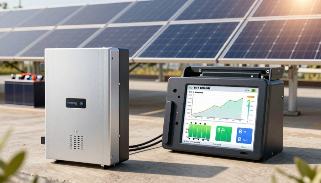 A detailed and informative scene depicting inverter and battery performance tracking for solar systems. In the foreground, a sleek digital display screen shows real-time data, such as energy output graphs and battery status indicators, with vibrant colors to emphasize performance. The middle ground features a solar inverter, designed with modern aesthetics, connected to a clean, efficient battery system. In the background, a bright, sunny day illuminates a solar panel array, casting gentle shadows on the ground, symbolizing optimal energy capture. The overall atmosphere is one of professionalism and innovation, with a hint of technological advancement, showcasing the benefits of monitoring solar energy systems for financial and operational gains. The lighting is warm and inviting, providing a sense of reliability and progress.