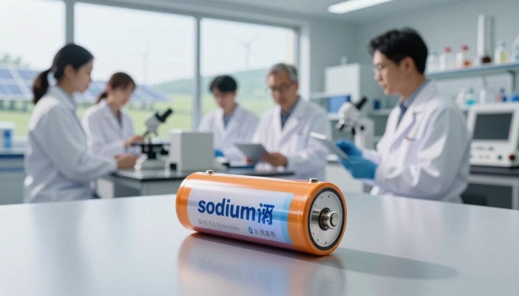 A detailed and vibrant depiction of sodium-ion batteries in a modern laboratory setting, showcasing their sustainable advantages. In the foreground, a close-up of an opened sodium-ion battery, with visible electrodes displaying the chemical components, positioned on a sleek, reflective surface. The middle layer features scientists in professional attire examining the battery with high-tech equipment, their expressions focused and engaged. In the background, a large window offers a view of a green landscape, symbolizing sustainability, with solar panels and wind turbines visible in the distance. Soft, natural lighting streams through the window, casting gentle shadows and creating a clean, innovative atmosphere, emphasizing the chemical advantages and future potential of sodium-ion technology.