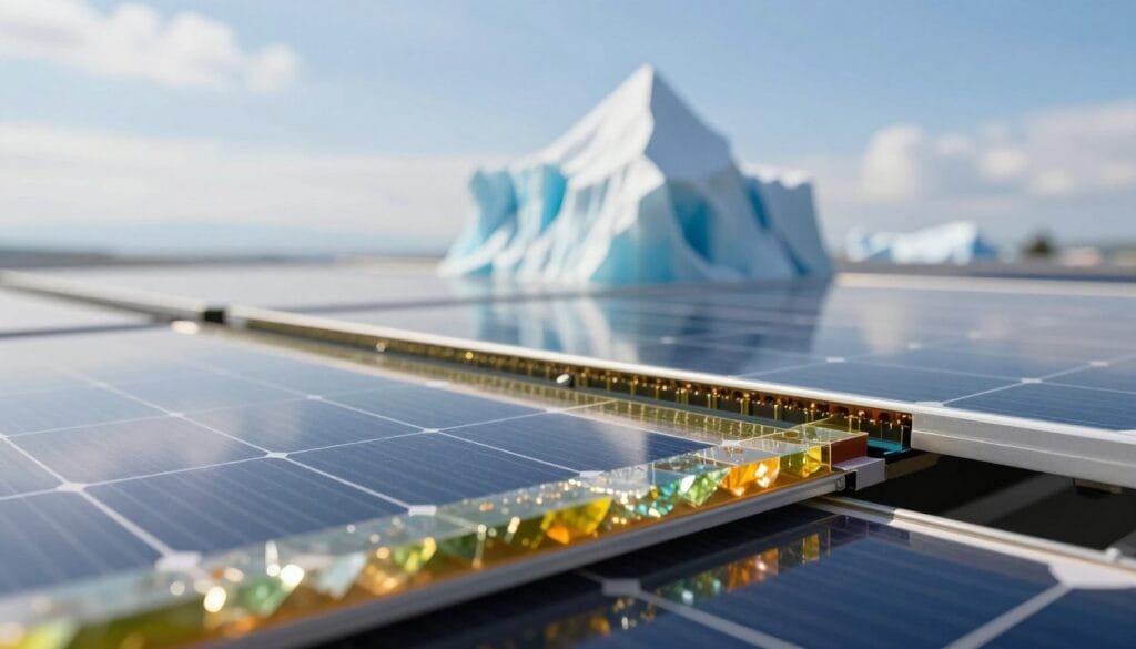 A detailed close-up of a solar cell featuring a perovskite-silicon tandem structure, emphasizing its intricate layers and textures. The foreground showcases the crystalline structure of the perovskite layer, glistening under bright, diffused natural lighting that highlights its sharp edges and vibrant colors. In the middle, a clear view of the silicon layer beneath, demonstrating the innovative connection between the two materials. In the background, an abstract representation of an iceberg pyramid structure, symbolizing the efficiency breakthrough in solar technology, with soft gradients fading into a cloudy blue sky. The overall atmosphere conveys a sense of scientific progress and optimism, emphasizing innovation in the renewable energy sector.