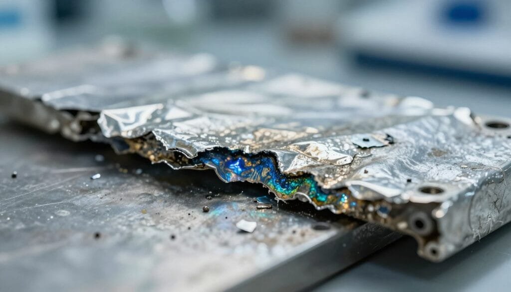 A detailed close-up of silver-aluminium contact corrosion, showcasing the intricate textures and colors of oxidized silver and corroded aluminium surfaces. In the foreground, focus on the jagged and uneven edges of corroded metal, glistening with iridescent hues of blue and green against a dull metallic background. In the middle ground, display faint traces of the original materials, emphasizing the transition from shiny silver to rough corrosion. The background should be softly blurred, with subtle hints of a research laboratory environment, using cool, artificial lighting to highlight the complexities of the materials. The atmosphere should be one of caution and intrigue, inviting viewers to consider the hidden dangers of these reactions in a scientific context.