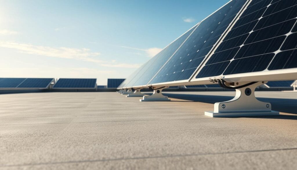 A detailed depiction of a non-penetrating Z-type mounting system designed for concrete flat roofs. In the foreground, showcase the Z-type mounts secured with solar panels, featuring a robust and modern design, made of durable aluminum. The middle ground includes a flat concrete roof with a smooth, grey surface, illustrating the ease of installation without penetrating the roof. The background features a clear blue sky with soft, ambient sunlight illuminating the scene, casting gentle shadows that highlight the mounting system. The image should convey a mood of innovation and sustainability, with a professional and clean aesthetic, suitable for a technical article. Use a wide-angle lens effect for depth, avoiding any figures or distractions in the frame.