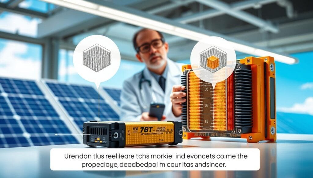 A detailed illustration of a 7th generation IGBT protection module designed for solar inverters. In the foreground, showcase the IGBT module with its robust casing, surrounded by clear diagrams highlighting the advanced silicone gel that envelops it for protection against heat and moisture. The middle ground features a lab setting, with a technician in professional attire inspecting the module under bright overhead lighting, using a digital multimeter. The background reveals a soft-focus view of solar panels under a clear blue sky, signifying the connection to renewable energy. The atmosphere is bright and technical, evoking a sense of innovation and reliability in modern technology. The lens should capture a slight depth of field, enhancing focus on the module and technician while blurring the background elements, creating a professional and informative environment.