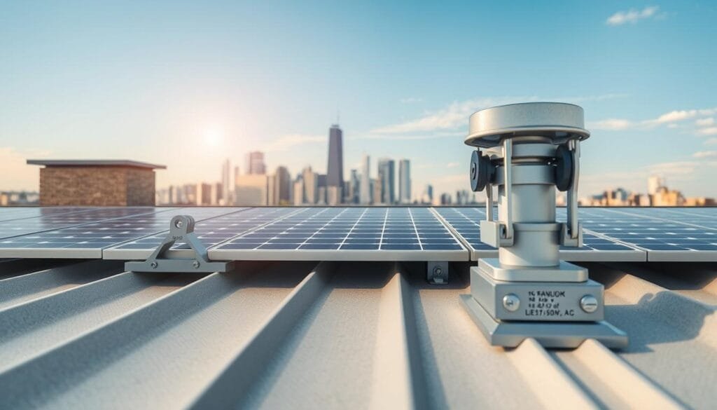 A detailed illustration of a non-penetrating solar roof mounting system, designed for various roof types. In the foreground, show a close-up of the mounting hardware, including brackets and ballasts, clearly defined and labeled with technical specs. The middle ground features a flat rooftop environment with a solar panel array installed using this mounting system, demonstrating stability and proper alignment. In the background, a picturesque city skyline under a clear blue sky, illuminated by soft sunlight, enhances the outdoor atmosphere. The angle is a dynamic low view, capturing both the installation details and the broader setting. The mood is technical yet inviting, embodying innovation in renewable energy solutions while emphasizing roof protection.