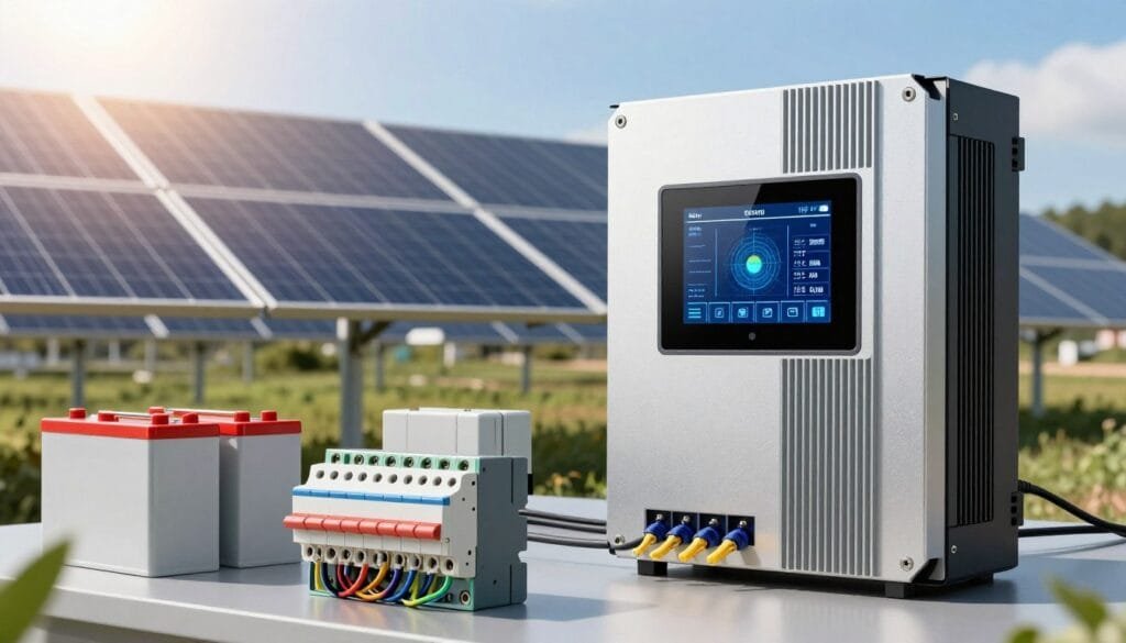 A detailed illustration of inverter power management systems, featuring a close-up view of a sleek, modern inverter with an integrated screen displaying real-time data on solar energy usage. In the foreground, include various components like batteries, circuit breakers, and wiring with intricate details that reflect advanced technology. The middle ground shows a solar panel array gleaming under bright sunlight, depicting the connection to the inverter while maintaining a clean and organized setup. In the background, a serene outdoor setting with blue skies and green landscapes enhances the solar energy theme. Use natural lighting to create a warm atmosphere, with a slight lens flare effect to signify sunlight. The overall mood is one of innovation and reliability in renewable energy systems.