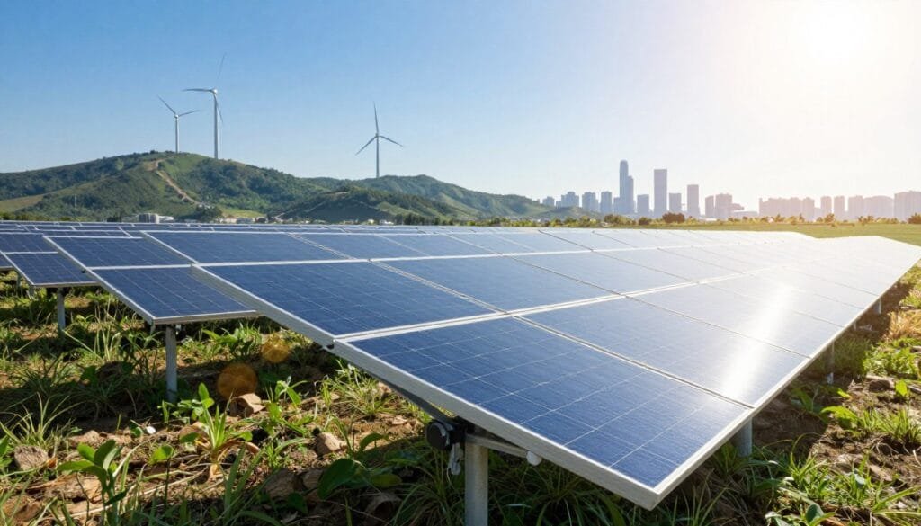 A field of bifacial solar modules stands prominently in the foreground, showcasing their dual-sided design that captures sunlight from both direct and reflected sources. Each module glimmers under the bright sunlight, with a clear blue sky enhancing the scene. In the middle ground, a gently rolling landscape features green hills and a few wind turbines, symbolizing the harmonious integration of renewable energy sources. In the background, a distant city skyline is visible, representing future innovation. The lighting is bright and optimistic, with soft shadows adding depth to the image. A slight lens flare adds a sense of inspiration, reflecting the potential of solar technology. The overall mood is hopeful and progressive, emphasizing the pivotal role of solar power in sustainable development.