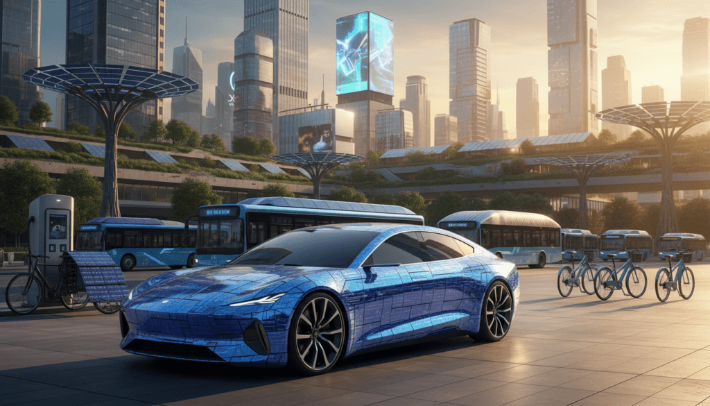A futuristic electric vehicle, seamlessly integrated with advanced photovoltaic solar panels covering its roof and hood, is parked in a sleek urban environment. In the foreground, emphasize the vehicle's sleek lines and high-tech aesthetic, capturing reflections of the surrounding cityscape in the solar panels. In the middle ground, showcase an assembly of modern electric buses and bicycles, all equipped with varying designs of solar technology, highlighting the versatility of solar-powered mobility. The background features an eco-friendly city skyline with solar farms and green spaces, bathed in warm, golden sunlight, creating an optimistic and innovative atmosphere. Use a wide-angle perspective to capture the depth of the scene, with bright, vibrant colors to emphasize the harmony between technology and sustainability.