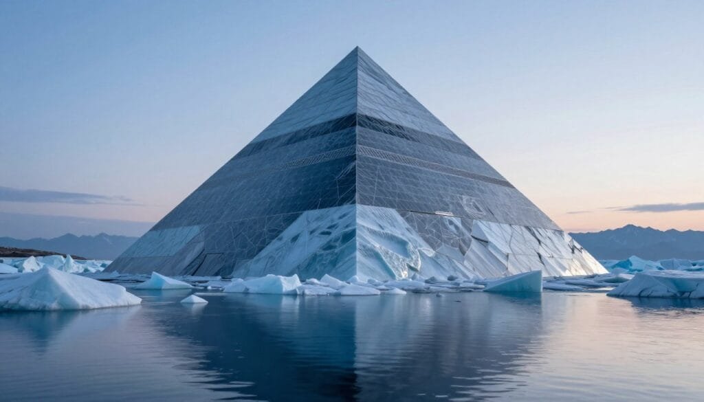 A futuristic iceberg pyramid structure rises majestically from a reflective body of water, showcasing a blend of icy textures and crystalline surfaces that glimmer under a soft blue twilight sky. In the foreground, sharp angles and geometric patterns create a striking visual contrast against the serene water, while the middle ground features intricate details emphasizing the layering and depth of the pyramid's design, symbolizing the evolution of industrially textured silicon. In the background, a hint of distant mountains provides scale and context, enveloped in a tranquil atmosphere. Soft lighting cascades from above, casting gentle shadows that accentuate the pyramid's features, evoking a mood of innovation and progress. The scene is captured with a wide-angle lens to emphasize the grandeur of the structure and its surroundings.