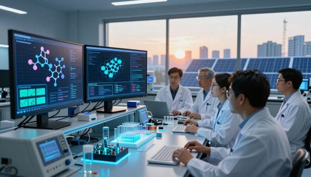 A futuristic laboratory setting focused on material discovery for solar cells. In the foreground, a diverse group of scientists in professional attire are intently analyzing data on large screens displaying molecular structures of perovskite materials, with glowing visualizations representing machine learning algorithms at play. In the middle ground, a high-tech workbench holds experimental samples, arranged meticulously, as various tools and digital devices illuminate the scene with a cool blue light. The background features a large window showcasing a skyline bathed in warm sunlight, symbolizing the potential of solar energy. The atmosphere is vibrant and dynamic, reflecting innovation and collaboration, with intricate details emphasizing the importance of technology in renewable energy solutions. Shot from a low angle to give a sense of scale and importance.