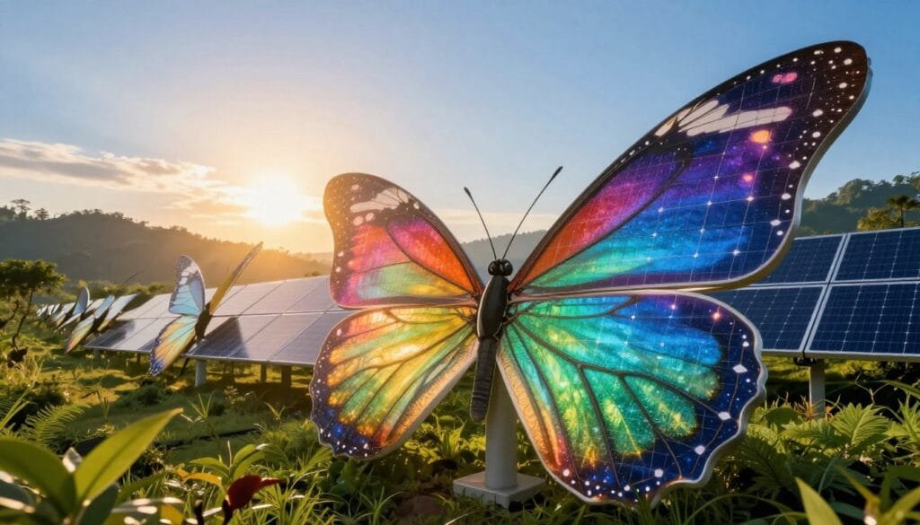 A futuristic landscape showcasing bio-inspired solar panels, designed to mimic the intricate patterns and colors of butterfly wings and leaf structures. In the foreground, vibrant solar panels with organic, flowing shapes catch the sunlight, reflecting a spectrum of colors that blend harmoniously with their surroundings. The middle ground features a serene environment with lush greenery and gentle hills, symbolizing the integration of technology and nature. The background consists of a radiant sun rising over a clear blue sky, casting warm, golden light across the scene. The overall atmosphere is one of hope and innovation, accentuated by the soft glow of sunlight illuminating the panels, creating a sense of harmony between nature and renewable energy technology.