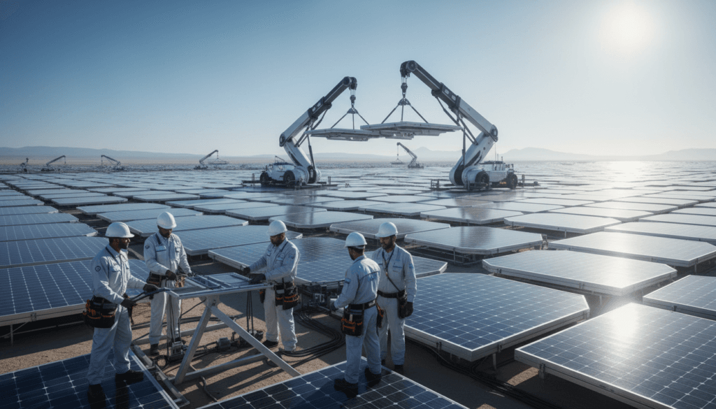 A futuristic modular solar construction site, showcasing interconnected solar panels forming a large, efficient array. In the foreground, technicians in professional attire are assembling solar modules, highlighting teamwork and innovation. The middle ground features a modern, sleek construction design with cranes and machinery working seamlessly. A backdrop of a clear blue sky symbolizes progress, with distant solar farms integrating into the landscape. The scene is brightly lit, conveying a sense of optimism and energy, with sunlight glinting off the solar panels. The angle is slightly elevated, capturing both the intricate details of the construction process and the expansive solar field in the distance. The atmosphere is dynamic and forward-looking, emphasizing speed and efficiency in renewable energy deployment.