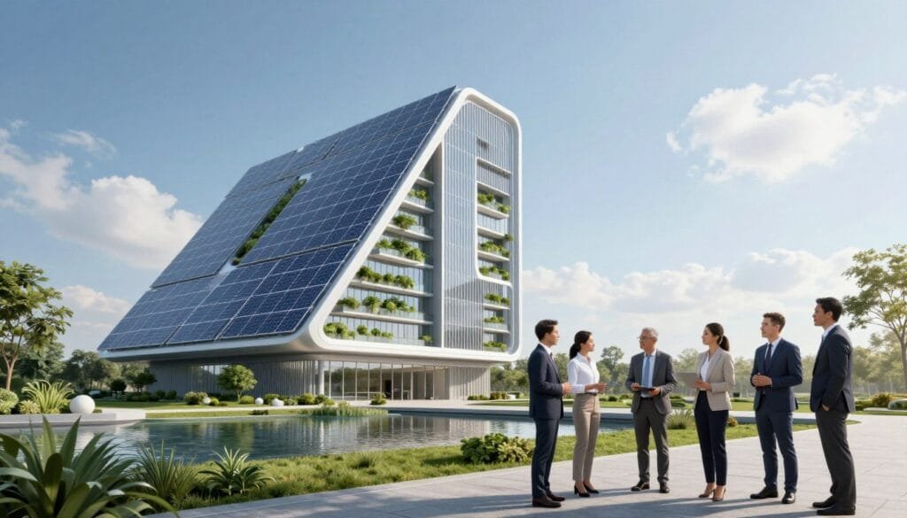 A futuristic net zero energy building stands prominently in the foreground, showcasing its sleek, modern architecture with solar panels integrated into its design and vertical gardens for sustainability. In the middle ground, a serene landscape of greenery and water features is visible, emphasizing the harmony between nature and technology. The background displays a clear blue sky with soft, fluffy clouds, creating an uplifting mood. The lighting is bright and natural, evoking a sense of innovation and hope for a sustainable future. The scene is captured from a slightly elevated angle to highlight the building's features. Include a diverse group of professionals in business attire discussing the design, symbolizing collaboration in net zero building development. The overall atmosphere is one of progress, sustainability, and forward-thinking.