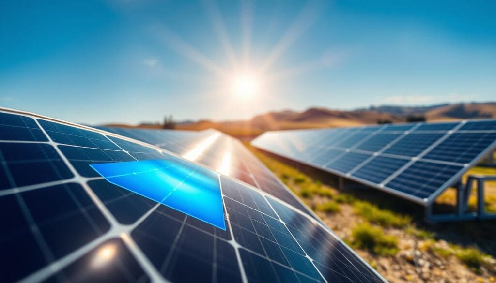 A high-tech solar panel installation featuring a sleek solar module design, showcasing advanced hydrogel coating technology. In the foreground, a close-up of a solar panel with visible cooling properties depicted in a graphical manner, highlighting temperature distribution and hotspot reduction. The middle ground contains several solar panels under bright sunlight, emitting a soft blue glow to signify their cooling efficiency. In the background, a serene landscape with rolling hills and a clear blue sky, emphasizing sustainability. The lighting is vibrant and warm, capturing the essence of innovation, with a balanced angle that gives depth to the overall scene. The mood is professional and optimistic, reflecting the transformative impact of technology on renewable energy.