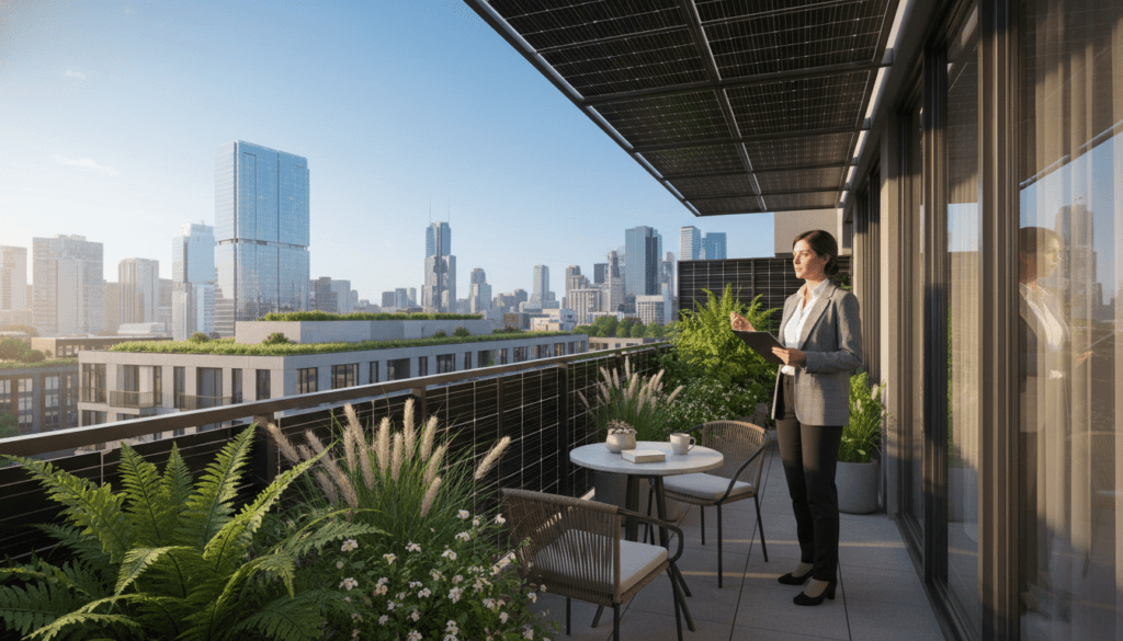 A modern balcony adorned with solar panels, showcasing a sleek design integrated into a stylish urban apartment. In the foreground, a professional individual dressed in business casual attire surveys the solar installation, with a clipboard in hand. The middle ground features lush potted plants and a small, inviting seating area, creating a harmonious blend of nature and technology. In the background, a vibrant city skyline under a clear blue sky contrasts with the green rooftop gardens of adjacent buildings. Soft morning sunlight bathes the scene, casting gentle shadows and creating a warm, optimistic atmosphere that emphasizes energy independence and innovation in solar energy.