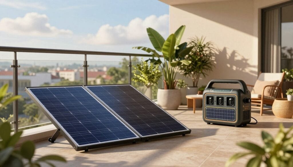 A modern balcony featuring various solar solutions designed for renters, showcasing portable solar panels and innovative energy storage units. In the foreground, a sleek solar panel setup rests on a stylish balcony railing, while a compact solar generator is positioned nearby, with greenery in the background. The middle ground includes potted plants and decorative furniture that accentuate the balcony's livability. The background reveals a cityscape with blue skies and soft clouds, illuminated by warm sunlight. The scene conveys a warm, vibrant atmosphere of eco-friendly living and empowerment. Use natural lighting to highlight the solar panels, with a slight focus blur effect on the background to draw attention to the balcony setup, captured from a slightly elevated angle to provide a comprehensive view.