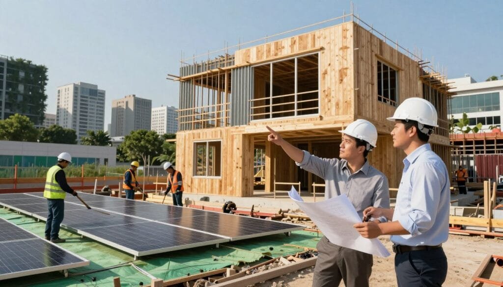 A modern construction site showcasing sustainable building practices. In the foreground, an architect in professional attire is discussing plans with an engineer, both pointing towards a partially constructed net-zero energy building made of natural materials like wood and recycled steel. In the middle ground, workers engaged in eco-friendly construction methods, such as installing solar panels and green insulation. The background depicts a skyline of city buildings with visible greenery, such as vertical gardens and rooftop farms, under a clear blue sky. The scene is illuminated by warm, natural sunlight, casting soft shadows to create an inviting atmosphere that emphasizes innovation and collaboration in sustainable architecture. The overall mood is optimistic and forward-thinking, highlighting the importance of teamwork and environmental consciousness in overcoming construction challenges.