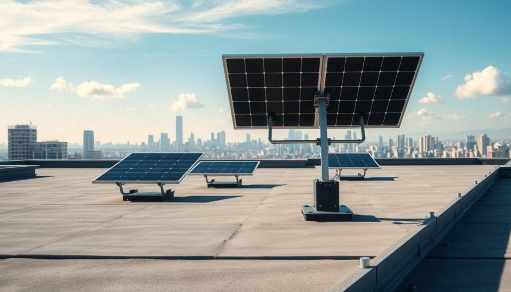 A modern, non-intrusive solar mounting system is illustrated on a flat, urban rooftop. In the foreground, sleek, innovative solar panels are mounted securely using a non-penetrating design, showcasing rubber footings and rail systems that protect the roof's integrity. The middle ground features an expansive view of the city skyline, with bright blue skies and soft, diffused sunlight illuminating the installation, highlighting its harmonious integration with the surroundings. In the background, a few clouds drift lazily, adding to the peaceful atmosphere. The composition is captured with a wide-angle lens, creating a sense of openness and modernity, while maintaining a professional and technical feel. The mood is optimistic and forward-thinking, emphasizing the benefits of sustainable energy solutions.