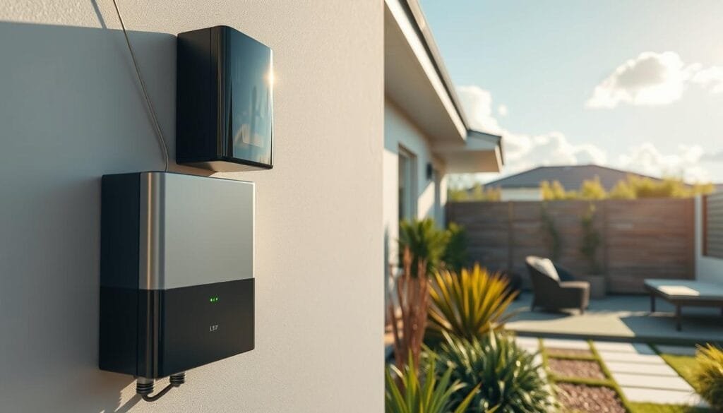 A modern residential setting showcasing a sleek battery storage system installed on a home wall. In the foreground, feature the compact battery unit with LED indicators, displaying a subtle glow to suggest its operational status. In the middle ground, include a well-maintained garden with native plants, symbolizing eco-friendliness, alongside a cozy patio area for relaxation. In the background, depict a bright, clear sky and a few fluffy clouds to enhance the positive mood. Use soft, natural lighting to evoke a peaceful atmosphere, with sunlight gently illuminating the battery unit. Capture the scene from a slightly elevated angle, showcasing the harmonious integration of technology within the residential environment, emphasizing sustainability and energy efficiency.