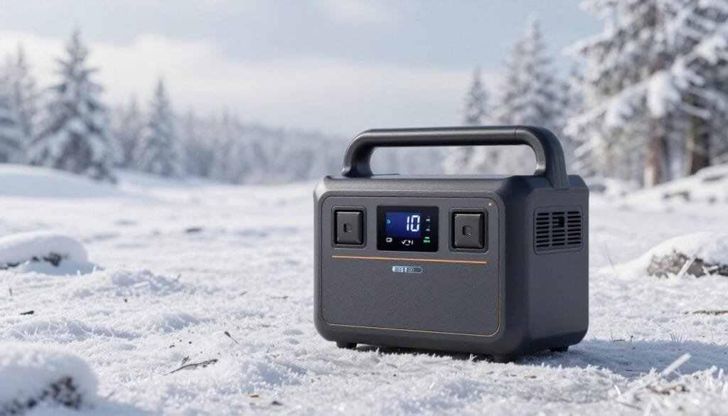 A modern, sleek portable power station featuring a compact design, prominently displayed in the foreground. The device is equipped with a clear digital display and multiple ports for charging, showcasing advanced technology. In the middle ground, a subtle winter landscape serves to highlight the cold weather capabilities, with a hint of frost on the ground and a few snow-covered trees in the background. The lighting is bright yet soft, suggesting a chilly atmosphere, with a slight overcast sky filtering the light. The scene conveys a sense of innovation and reliability, perfect for energy needs in adverse conditions. Capture the image from a slightly elevated angle to emphasize the power station’s features while ensuring the surroundings are visible.