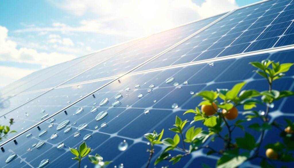 A modern solar panel installation showcasing hydrogel solar cooling technology. In the foreground, glistening droplets of a translucent hydrogel coating are visible on the surface of solar panels, highlighting its cooling effect. The middle ground features plant life thriving beneath the panels, demonstrating improved yield, with vibrant green leaves and healthy fruits. In the background, a clear blue sky with soft, diffused sunlight creates a serene atmosphere, emphasizing the innovation's impact on sustainability. The angle captures the solar panels at a dynamic, slightly elevated view, showcasing both the technology and its beneficial environment. The overall mood is one of advancement and harmony with nature, emphasizing efficiency and environmental care.