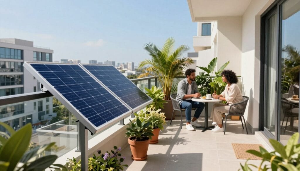 A modern urban balcony adorned with portable solar panels, capturing sunlight against a clear blue sky. In the foreground, a sleek, minimalist solar panel setup is positioned on a stylish railing, with vibrant potted plants adding a touch of greenery. The middle ground features a cozy seating area with a small table, where two individuals dressed in smart casual attire are engaged in enthusiastic discussion about renewable energy. In the background, a cityscape with contemporary buildings reflects the idea of sustainable living. Soft, natural lighting enhances the scene, casting gentle shadows and creating an inviting atmosphere. The composition is framed with a slightly elevated angle, emphasizing both the solar technology and the rooftop garden connection to urban life.