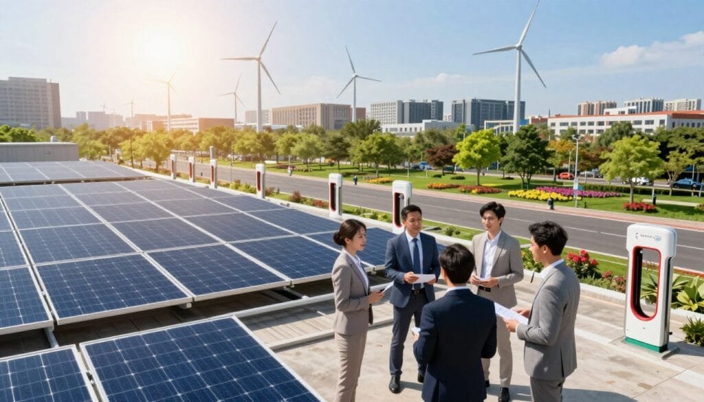 A modern urban landscape dominated by solar panels on rooftops, wind turbines gently spinning in the background, and electric vehicle charging stations. In the foreground, a diverse group of professionals in smart business attire enthusiastically discussing plans for a sustainable energy project. The sun is shining brightly, casting warm, inviting light across the scene, with clear blue skies above. In the middle ground, a vibrant green park with trees and flowers, symbolizing harmony with nature. The camera angle is slightly elevated, providing a panoramic view of the city, highlighting the integration of clean energy solutions in everyday life. The mood is optimistic and forward-thinking, showcasing the promise of a sustainable future driven by solar power and clean energy technologies.