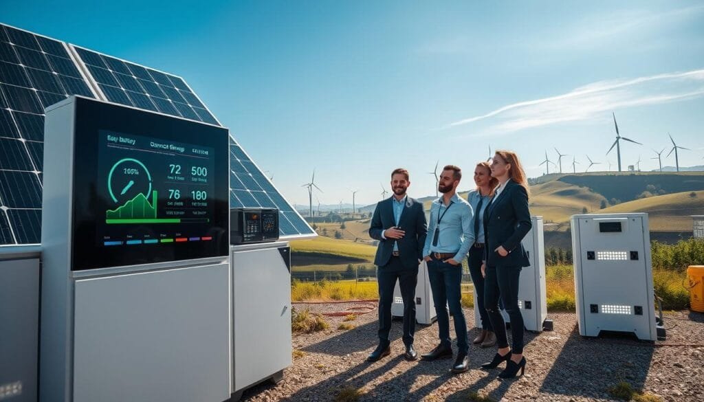 A modern, vibrant energy storage facility in Hungary, showcasing advanced battery technology. In the foreground, a group of four diverse professionals in business attire discusses a large digital display showing energy metrics. The middle ground features sleek, modern solar panels, and large storage units with bright LED indicators, symbolizing the initiative’s innovative spirit. The background captures a picturesque Hungarian landscape with rolling hills and wind turbines under a clear blue sky. Sunlight illuminates the scene, creating a sense of optimism and progress. The atmosphere is dynamic and forward-thinking, emphasizing the importance of renewable energy solutions for residential homes. The image should be taken from a slightly elevated angle to capture all layers effectively.