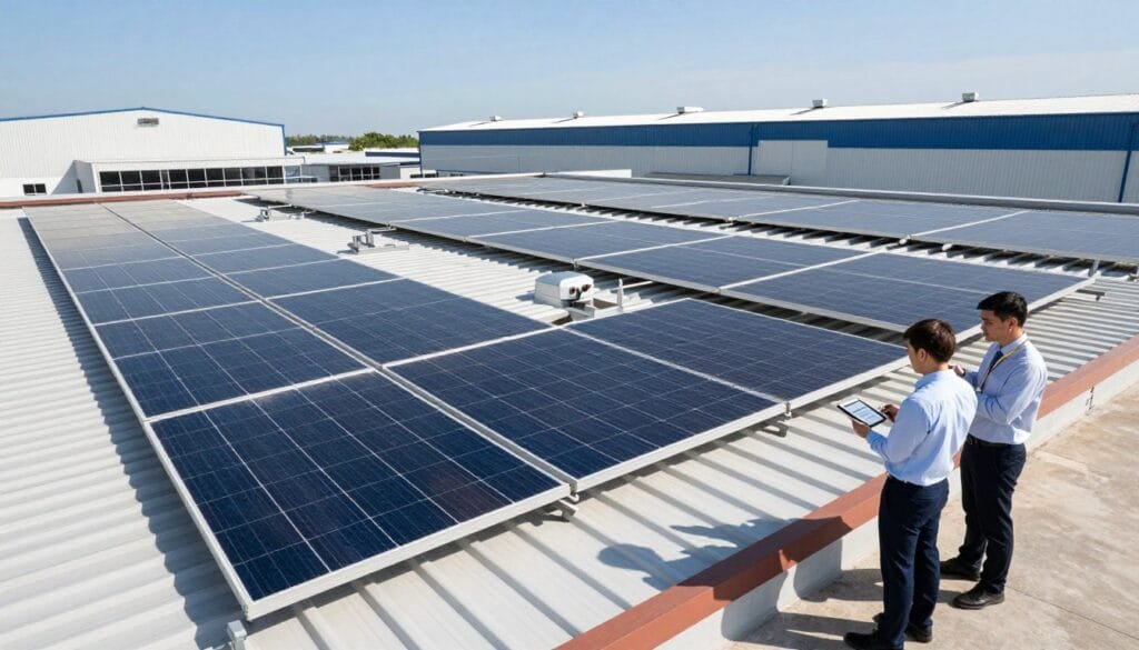 A panoramic view of a Birmingham Distribution Centre featuring a large retrofitted roof adorned with HJT solar modules, demonstrating advanced solar technology. In the foreground, two professionals in business attire are inspecting the installation, using a tablet to examine data. The middle ground showcases the sleek, shiny solar panels reflecting sunlight, with clear blue skies overhead. In the background, the distribution centre’s industrial architecture is visible, emphasizing the scale of the installation. The scene captures a bright, sunny day with natural light illuminating the panels, casting soft shadows on the rooftop. The mood is one of innovation and efficiency, symbolizing a sustainable energy future.