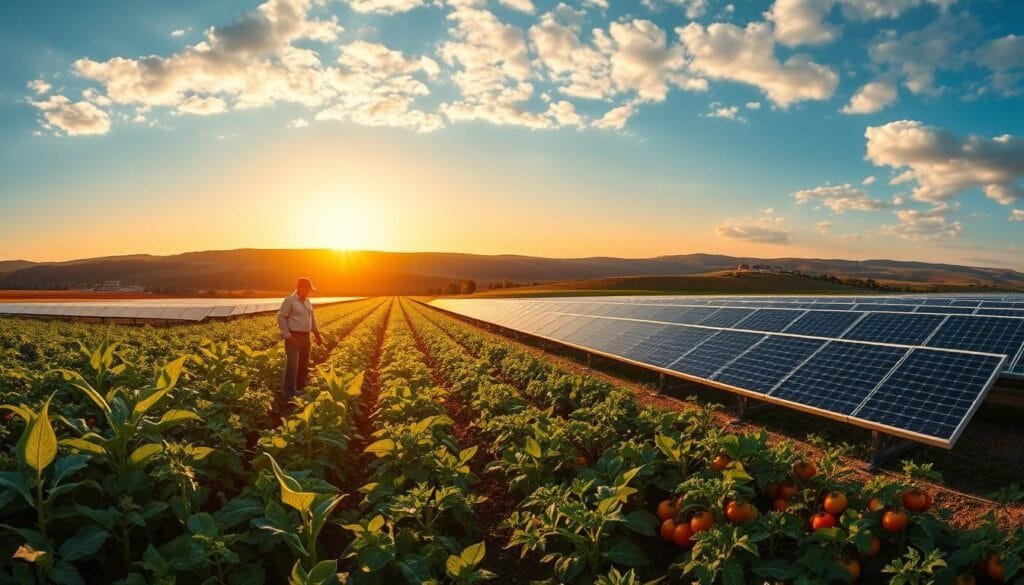 A panoramic view of a vibrant agrophotovoltaics field during golden hour, showcasing solar panels integrated above lush rows of various crops like corn and tomatoes. In the foreground, a farmer in professional attire inspects the crops, highlighting the interaction between technology and agriculture. The middle ground features rows of solar panels casting dappled shadows on the crops below, promoting a sense of dual productivity. The background reveals rolling hills and a clear blue sky, filled with soft clouds, creating a serene yet optimistic atmosphere. Use warm, natural lighting to emphasize growth and sustainability, captured with a wide-angle lens to portray the expansive landscape and harmonious coexistence of farming and solar energy.