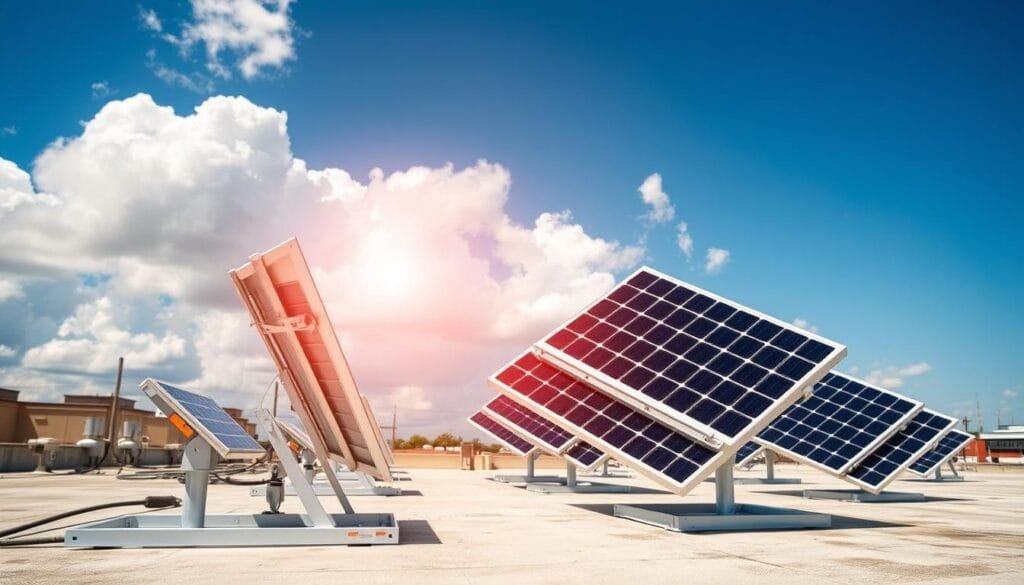 A sleek adjustable tilt solar mounting system designed for concrete flat roofs is prominently displayed in the foreground, featuring robust aluminum frames with a polished finish and integrated tilt mechanism. The middle ground showcases several solar panels mounted at various angles, capturing sunlight, with detailed shading casts indicating their orientation. In the background, a clear blue sky with fluffy white clouds enhances the outdoor setting, balanced by a hint of industrial rooftops. The scene is illuminated with vibrant daylight, emphasizing the solar technology's benefits. The camera angle is slightly elevated, capturing the entire mounting setup against the horizon, conveying a professional, innovative atmosphere dedicated to renewable energy solutions.