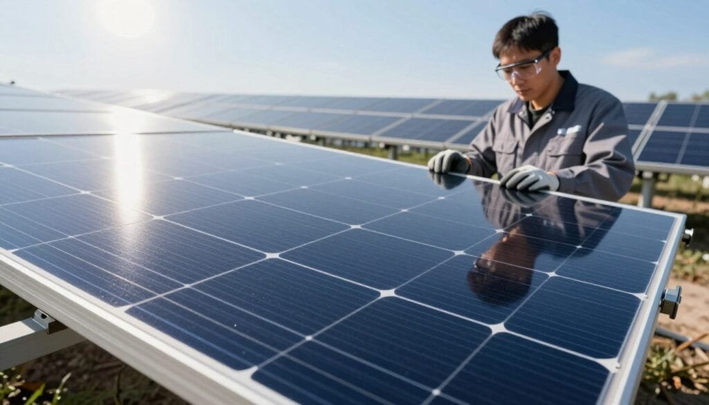 A sleek, close-up view of a high-efficiency HJT solar module, showcasing its advanced photovoltaic cells and layered technology. The foreground features the module's surface, highlighting its glossy finish and intricate texture, reflecting ambient light. In the middle ground, a technician in professional attire is carefully examining the module, wearing safety glasses and gloves, emphasizing a focus on precision and innovation. The background includes a modern solar farm with rows of similar modules basking in sunlight, under a clear blue sky. The lighting is bright yet soft, creating a clean and professional atmosphere, while the angle is slightly tilted to enhance the depth and perspective of the scene, representing the cutting-edge nature of HJT technology.