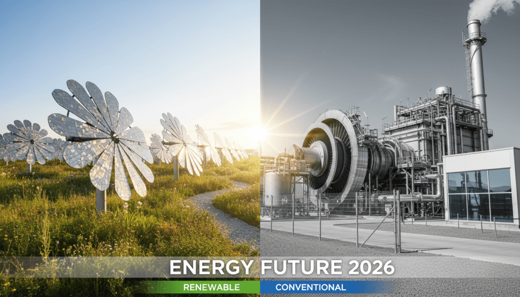 A split image showcasing a solar farm on one side and a gas turbine installation on the other, emphasizing the contrast between renewable energy and conventional power. In the foreground, depict blooming solar panels reflecting sunlight, surrounded by a vibrant landscape of greenery. The middle section features a powerful gas turbine against a clear blue sky, with industrial structures and pipes, conveying efficiency and technology. The background should show a horizon blending these two energy sources, under a bright sun. Use bright, natural lighting for the solar side and a slightly grayer tone for the gas turbine section to symbolize the balance of sustainability. The atmosphere is informative and modern, capturing the essence of the energy debate for 2026.
