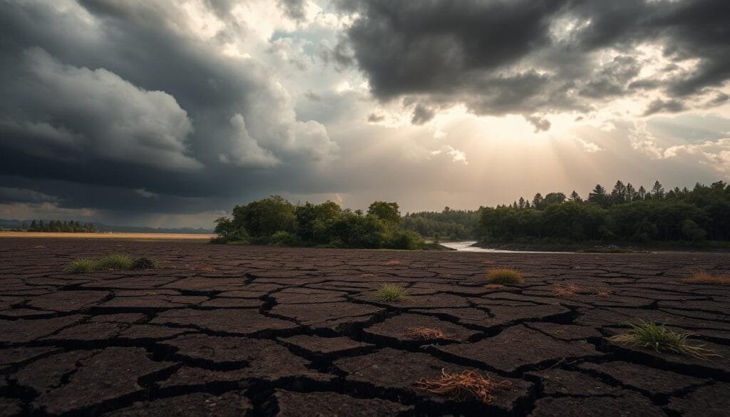 A stark landscape depicting the consequences of surpassing the 1.5°C climate threshold. In the foreground, cracked earth and wilting vegetation symbolize environmental strain. The middle ground features a contrasting scene of a vibrant, thriving ecosystem at risk, with lush trees and flowing water. In the background, ominous storm clouds gather, hinting at extreme weather events. Dramatic lighting highlights the tension, with beams of sunlight breaking through the clouds, creating a surreal atmosphere. The scene captures a sense of urgency and reflection on climate reality. The image should have a wide-angle view to encompass the full scope of the landscape, emphasizing both beauty and fragility. The overall mood is somber yet thought-provoking, encouraging viewers to consider the significance of the 1.5°C threshold.