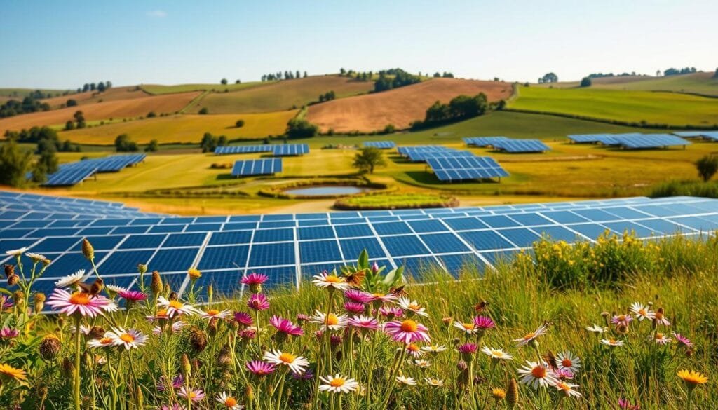 A sunlit, expansive utility solar farm in the UK, harmoniously integrated into the surrounding landscape. In the foreground, vibrant wildflowers bloom beneath rows of solar panels, with bees and butterflies fluttering around, symbolizing biodiversity. In the middle ground, expertly maintained grasslands are interspersed with solar installations designed to enhance ecological restoration, featuring small ponds and native plantings that provide habitats for wildlife. Rolling hills stretch into the background, dotted with trees under a clear blue sky, casting gentle shadows across the scene. The lighting is warm and inviting, with a soft, golden glow accentuating the natural beauty and sustainability of the setting. The atmosphere feels peaceful and optimistic, highlighting the synergy between clean energy and environmental stewardship.