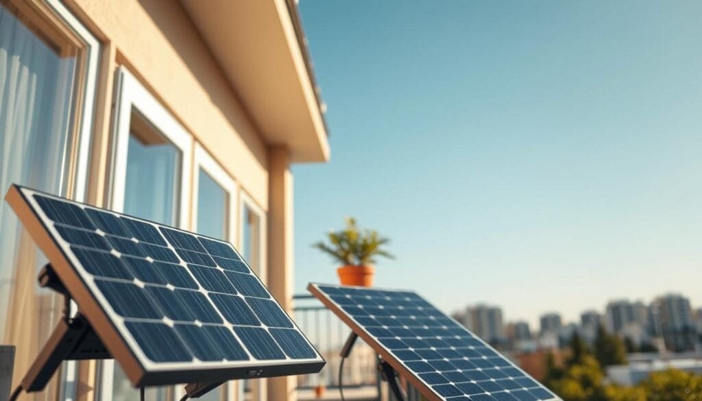 A sunny balcony adorned with a modern solar panel installation, demonstrating a sleek, compact plugin solar kit. In the foreground, focus on the solar panels arranged neatly on the balcony railing, glistening under bright daylight. The middle ground features a small potted plant to add a touch of greenery, representing eco-friendliness. The background showcases a clear blue sky, enhancing the natural ambiance. The scene captures a sense of sustainability and innovation, with soft, warm lighting casting gentle shadows, creating a peaceful atmosphere. Include a perspective that emphasizes the practicality and aesthetic appeal of solar energy in an urban setting, inviting potential users to envision this innovative DIY energy solution.