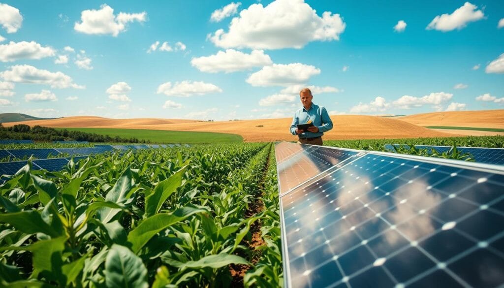 A vibrant agrivoltaics landscape with solar panels installed over rows of thriving crops. In the foreground, clearly visible solar panels are casting dappled shadows on lush greenery, depicting healthy plants like corn and soybeans. The middle layer shows a farmer in professional attire examining the land, with a clipboard in hand, assessing soil quality. In the background, there are rolling hills under a bright blue sky dotted with fluffy clouds, emphasizing a sunny day. The scene is bathed in warm, natural light, capturing a sense of harmony between agriculture and renewable energy. The depth of field is shallow, focusing sharply on the farmer while softly blurring the distant fields, creating an inviting, hopeful atmosphere that embodies innovation and sustainability.