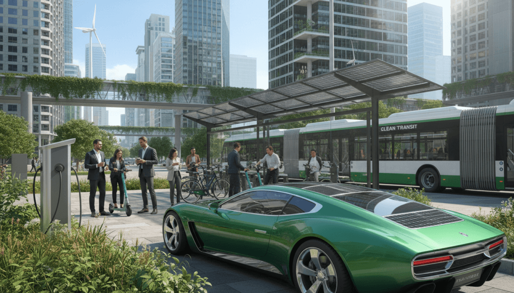 A vibrant cityscape showcasing green mobility solutions, with electric vehicles (EVs) prominently parked alongside lush greenery. In the foreground, a sleek electric car with a modern design, featuring solar panels on the roof and vivid green accents, reflects a commitment to sustainability. Moving into the middle ground, a group of professionals in business attire interacts with a shared electric scooter and a bike-sharing station, emphasizing the integration of eco-friendly transportation in urban life. The background features a solar-powered bus station with a streamlined electric bus, solar panels glistening under bright, natural lighting. The atmosphere is optimistic and forward-thinking, capturing the essence of a sustainable future. A wide-angle view enhances the dynamic feel of the scene, inviting viewers to imagine a cleaner, greener tomorrow.