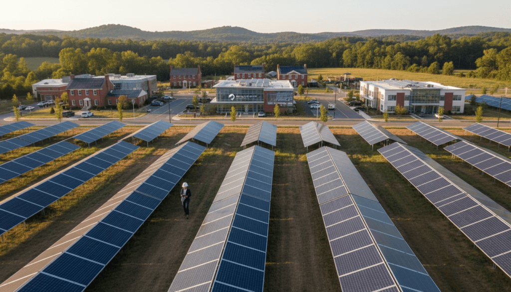 A vibrant landscape depicting Virginia's solar energy evolution. In the foreground, showcase a modern solar farm with rows of gleaming solar panels under a bright, sunny sky. Place a professional individual in business attire inspecting the installation, symbolizing progress and innovation. In the middle ground, illustrate a blend of traditional and contemporary architecture, highlighting residences and commercial buildings integrated with solar technology. In the background, a gentle Virginia hillside dotted with trees under a clear blue sky adds depth. Capture warm, natural lighting emphasizing the brightness of the day, creating a hopeful and forward-looking atmosphere. Use a slightly elevated angle to encompass both solar energy solutions and the surrounding tranquility of nature, conveying a sense of harmony between technology and the environment.