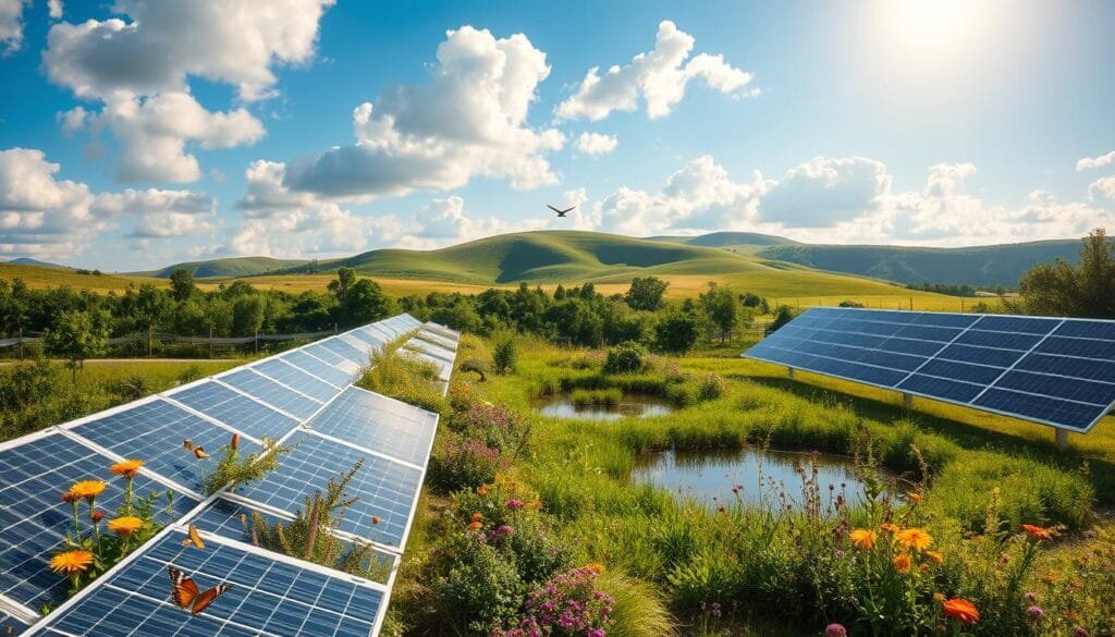 A vibrant landscape showcasing multi-functional green infrastructure, emphasizing harmonious integration of solar panels with biodiversity. In the foreground, a row of innovative solar arrays is interspersed with native plants and colorful wildflowers, attracting butterflies and bees. The middle ground features a small pond surrounded by lush greenery, with birds perched nearby, symbolizing ecological balance. In the background, gentle hills rise under a bright blue sky with soft, fluffy clouds, illuminated by warm sunlight. Capture this scene from an aerial angle to showcase the layout and design of nature-positive solar installations, creating a sense of openness and tranquility. The mood is optimistic and serene, highlighting the synergy between renewable energy and vibrant ecosystems.