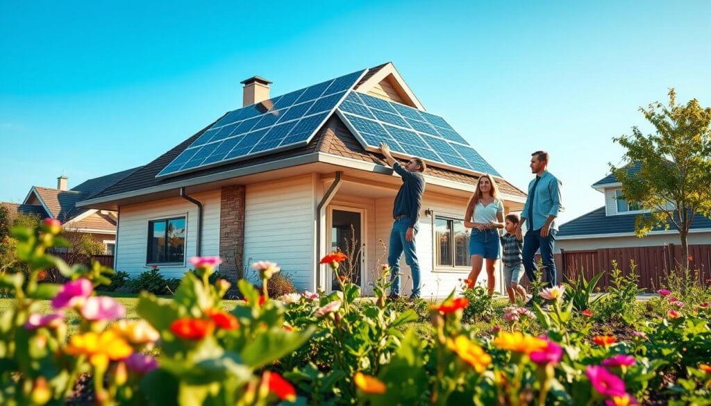 A vibrant suburban scene showcasing a modern home equipped with a sleek plugin solar kit mounted on its roof, symbolizing energy independence. In the foreground, a sustainable garden thrives, with blooming flowers and vegetables, illustrating a commitment to eco-friendly living. In the middle ground, a family of four, dressed in smart casual attire, enthusiastically installs the solar panels together, reflecting collaboration and family values. The background features a clear blue sky, with a gentle sunlight illuminating the scene, highlighting the bright solar panels. The atmosphere is uplifting and hopeful, capturing the revolutionary spirit of DIY energy solutions. The perspective is slightly angled to emphasize both the family and the solar installation, creating a dynamic yet harmonious composition.