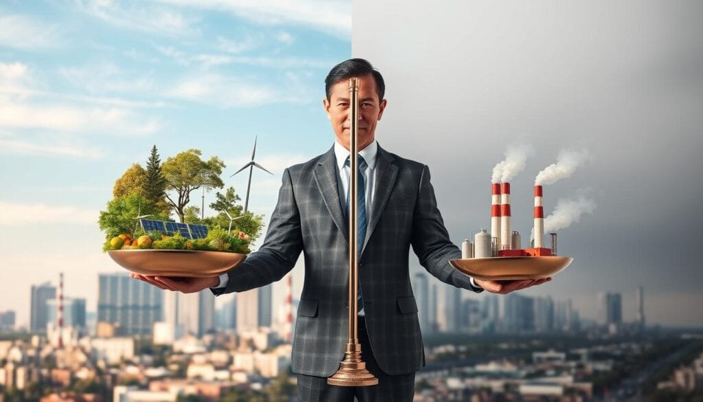 A visually striking image representing the concept of the "net-zero performance gap." In the foreground, a business professional in a smart outfit holds a set of scales, with one side depicting lush greenery and renewable energy symbols like wind turbines and solar panels, and the other side showing industrial pollution and carbon emissions. In the middle ground, a skyline features a blend of modern eco-friendly buildings alongside traditional ones emitting smoke. The background showcases a gradient sky transitioning from bright blue to a stark gray, symbolizing the contrast between potential and reality. Utilize soft, natural lighting to create an optimistic atmosphere on the greenery side, while the industrial side is saturated in darker tones, evoking a sense of urgency. Capture the image from a slightly elevated angle to enhance the depth and impact of the contrasting elements.
