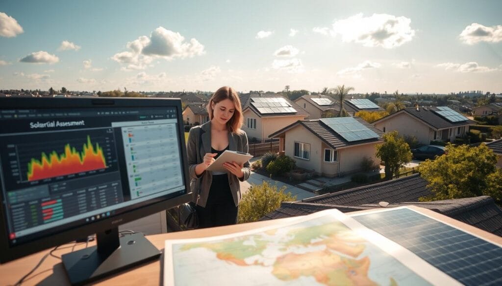 An aerial view of a suburban neighborhood with a focus on several homes featuring solar panels on their roofs. The foreground includes a desktop computer displaying a solar potential assessment map, with colorful graphs and data overlays visible. In the middle ground, a professional female energy consultant in modest business attire examines the rooftops with a clipboard, actively engaging with a digital tablet. The background shows a bright blue sky with a few fluffy clouds, casting soft sunlight that highlights the shining solar panels. The scene portrays a sense of innovation and environmental awareness, emphasizing the importance of solar energy in urban settings, captured in a warm and inviting atmosphere. Use a wide-angle lens for depth and clarity, enhancing the detailed view of the neighborhood’s solar potential.